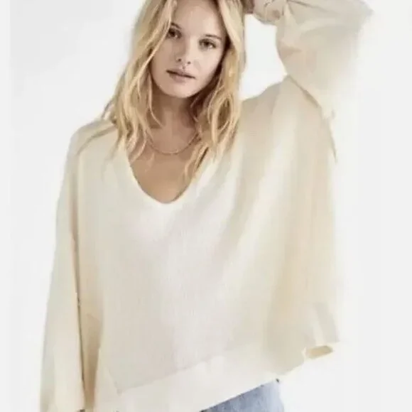 Free People Santa Clara Oversized Cream Ivory Thermal V-Neck Long Sleeve Top, M - Picture 2 of 6